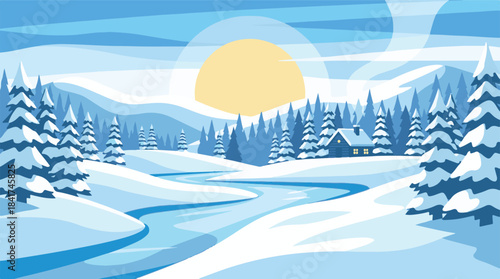 Winter landscape with cozy cabin by a frozen lake and pine trees