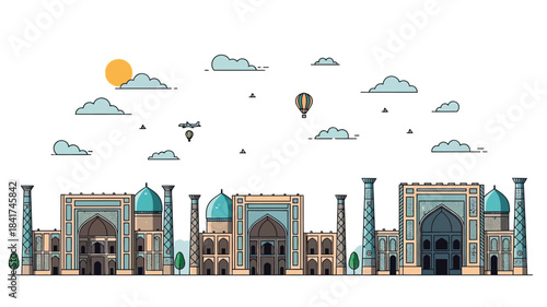 Illustrative panorama of ancient Samarkand Registan Square with its iconic structures and sky elements