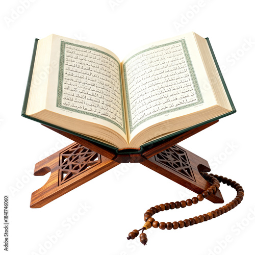 Open Holy Quran Book on a Small Wooden Rehal Stand