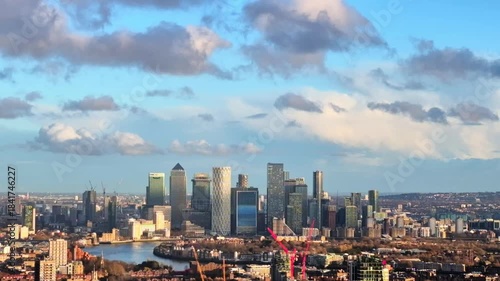  Beautiful panorama of London at sunset, view from the 40th floor include Canary Wharf on distance 
