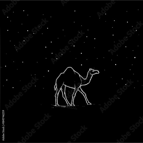 A lone white camel silhouette walking under a starlit night sky in a black and white illustration style