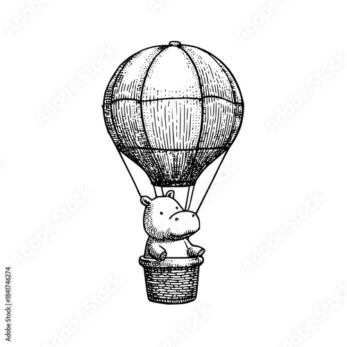 Illustration of a hippo in a hot air balloon basket with detailed line work against a white background