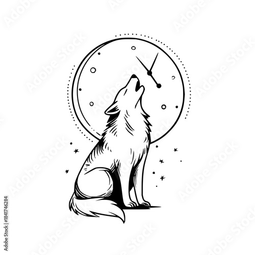A howling wolf sits before a clock face with stars in a monochrome drawing style illustration art