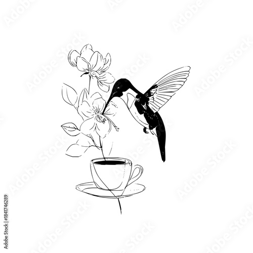 Illustration of a hummingbird drinking nectar from a flower growing out of a coffee cup design drawing