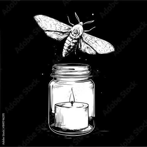 A moth flying above a mason jar containing a lit candle on a black background in a sketch style image