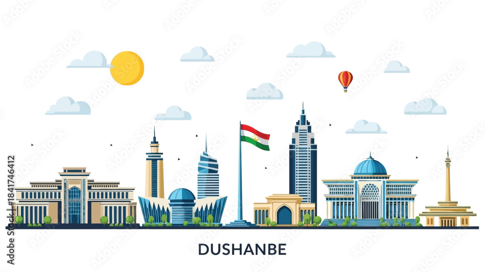 Obraz premium Dushanbe city skyline illustration with iconic landmarks and a national flag, symbolizing a vibrant capital city