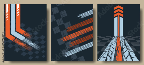 Racing Graphic Poster Set – Grunge Speed Lines, Track Arrows, and Motorsport Background Design