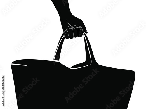 Silhouette vector illustration showing person holding large shopping tote bag by its handles conveying retail commerce activity and fashion