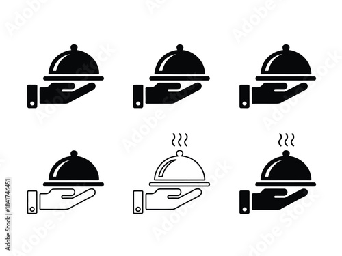 Six vector icons showing waiter hand holding covered serving dish or cloche symbolizing gourmet restaurant service and hospitality industry design