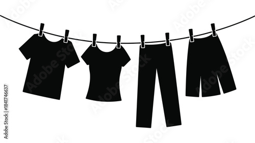 Laundry on clothesline with clothespins drying tshirts pants shorts apparel silhouette home chore vector illustration