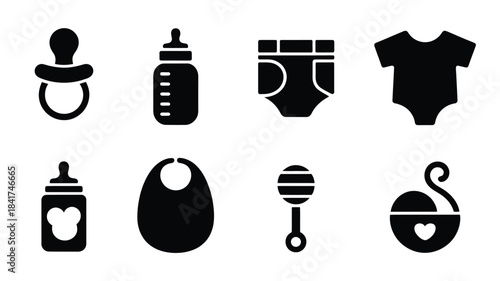 Newborn baby care accessories collection icon set feeding bottle pacifier diaper bib rattle clothing body suit vector