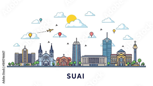 Modern vector illustration of a vibrant city skyline, showcasing diverse architectural landmarks and urban structures against a clear sky, ideal for travel and urban design concepts