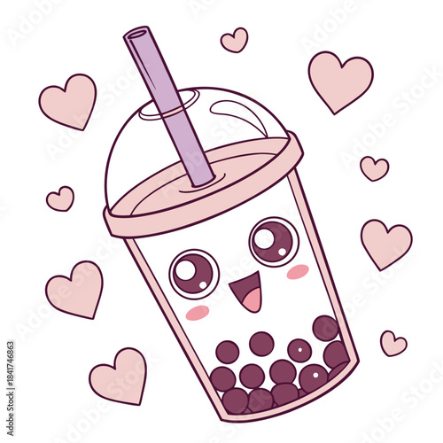 Cute cartoon boba tea with smiling face and hearts around