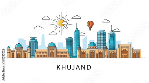 Khujand skyline illustration representing a modern city with distinct architectural styles and a hot air balloon