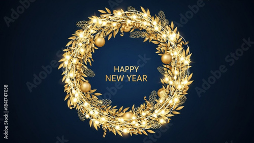 Festive New Year's Wreath: A captivating circular wreath crafted with golden ornaments and sparkling lights. The Happy New Year text adds a celebratory touch. 