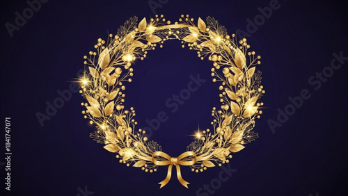 Golden Wreath of Triumph: A radiant wreath of golden leaves and berries, intertwined in an elegant circle, symbolizes victory and honor, set against a deep blue backdrop.