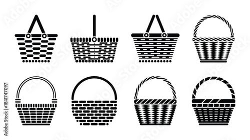Collection different styles woven basket silhouettes for shopping harvesting transport and storage containers vector illustration set graphic design.