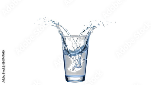 A dynamic splash of water erupting from a clear glass against a pristine white background