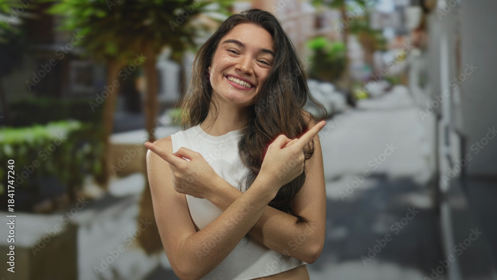 Fototapeta premium Young woman pointing finger toward opposite directions on a sunlit street corner lined with potted plants; guidance direction clarity optimism.