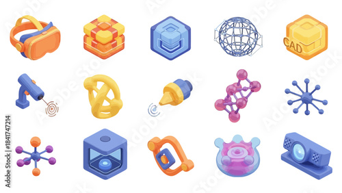 Collection of advanced technology, science, and engineering isometric icons on white background