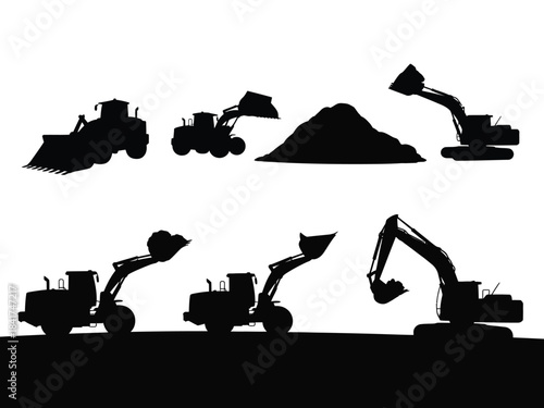 Heavy machinery construction vehicles silhouettes set showing excavators and loaders moving soil and earth moving operations equipment.