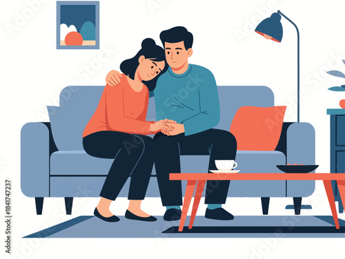 Modern flat illustration of a young couple showing empathy and emotional support, ideal for relationship counseling, mental health education, and love communication content