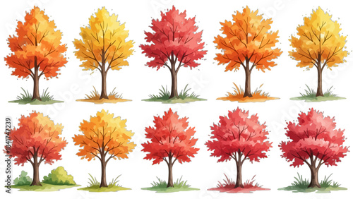 A collection of colorful autumn trees in watercolor style, showcasing fall foliage