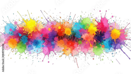 Abstract art design with vibrant rainbow paint splatters creating a dynamic border