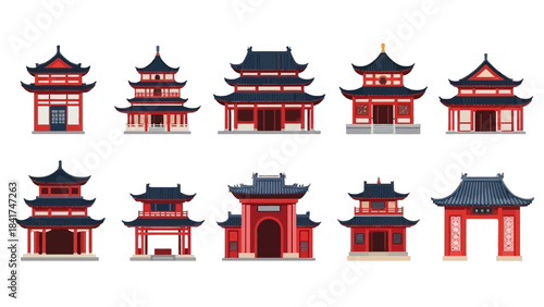 Collection of traditional chinese pagodas, temples, and gates in a red and black color scheme.
