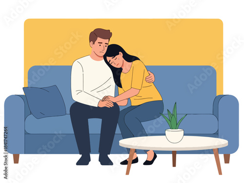 Modern flat illustration of a young couple showing empathy and emotional support, ideal for relationship counseling, mental health education, and love communication content