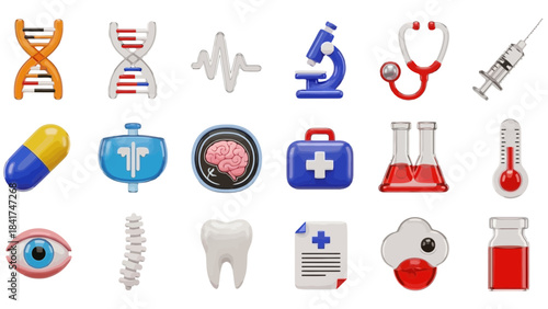 A collection of 3d medical and healthcare icons for science, technology, and treatment