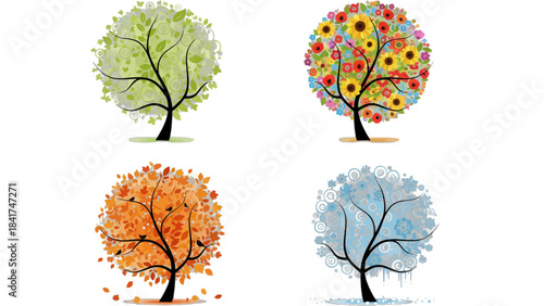 A stylized illustration depicting the four seasons of a single tree