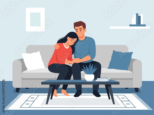 Modern flat illustration of a young couple showing empathy and emotional support, ideal for relationship counseling, mental health education, and love communication content