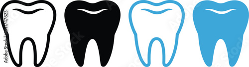 Four stylized tooth icons representing dental care, health, and hygiene in black, white, and blue