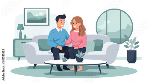 Modern flat illustration of a young couple sharing a calm conversation with warm smiles, ideal for communication guides, relationship education, and lifestyle visuals