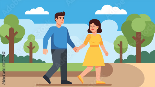 Flat vector artwork of a couple walking hand in hand outdoors, ideal for romance themes, relationship bonding visuals, and lifestyle illustrations