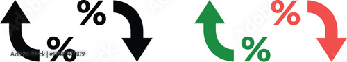 Market trends graphic Upward and downward arrows with black, green, red percentage symbols. Visualizes financial growth, economic decline, and business fluctuations