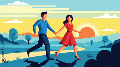Flat vector artwork of a couple walking hand in hand outdoors, ideal for romance themes, relationship bonding visuals, and lifestyle illustrations