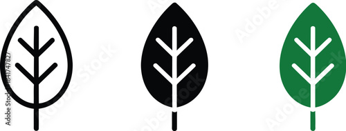 Vector illustration set of stylized green leaf icons, showcasing outline, solid black, and vibrant green designs, perfect for ecology, nature, and plant-related graphic projects, symbols, and branding