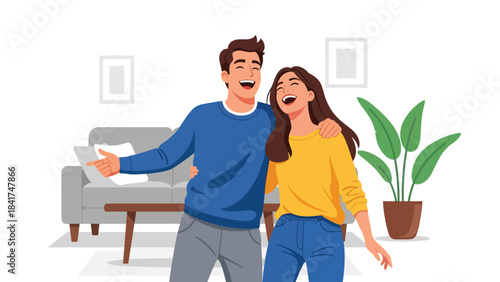 Modern flat illustration of a young couple laughing together, ideal for positivity campaigns, relationship visuals, lifestyle designs, and emotional wellbeing content