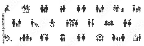 Family icon set. Set of icons people, mother, father, children, baby, parents, couples, pregnant mothers. Solid editable icon family collection. Vector illustration.