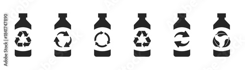 Recycled plastic bottle logo icon with recycling arrow and green leaves. Plastic bottle and recycling arrows. PET food and beverage packaging. Recycle plastic bottle icon. Bottle with recycle symbol.