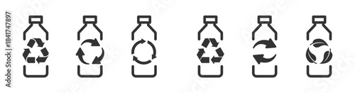 Recycled plastic bottle logo icon with recycling arrow and green leaves. Plastic bottle and recycling arrows. PET food and beverage packaging. Recycle plastic bottle icon. Bottle with recycle symbol.