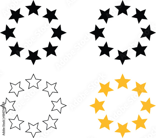 Graphic six-star icons in a curved circular pattern, available in solid black, outline, and yellow, suitable for user ratings, quality evaluation, and decorative design
