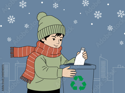 A young boy wearing a warm winter outfit recycles a bottle, promoting Earth Day. A clean, modern illustration with a cityscape backdrop.  Bright, cheerful, and environmentally conscious.