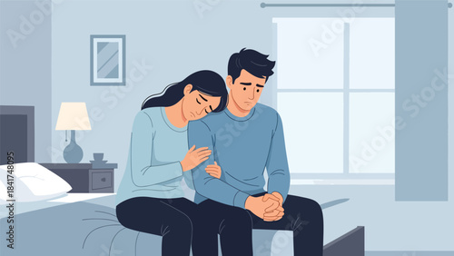 Flat vector illustration of a couple sitting quietly together in emotional support, ideal for mental health themes, relationship content, and peaceful lifestyle visuals
