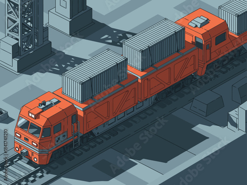 An orange freight train transports containers along a railway track within a stylized isometric city. Modern, graphic design. Heavy Load. Auto.
