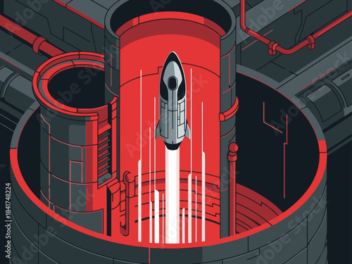 A sleek rocket blasts upwards from a cylindrical chamber, bathed in dramatic red light. Bold, futuristic design. Up. Out. Away.