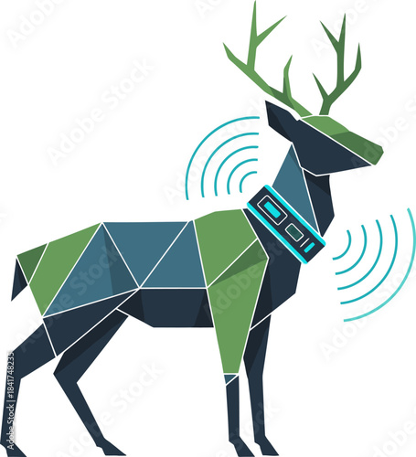A stylized deer with a smart collar and wireless signals. Modern geometric design, teal and green color palette. Suitable for tech, wildlife, and nature themes.