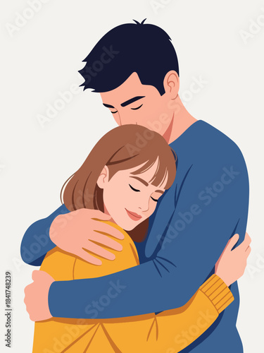 Modern flat illustration of a warm couple’s hug, ideal for relationship bonding visuals, emotional health content, and love-themed designs